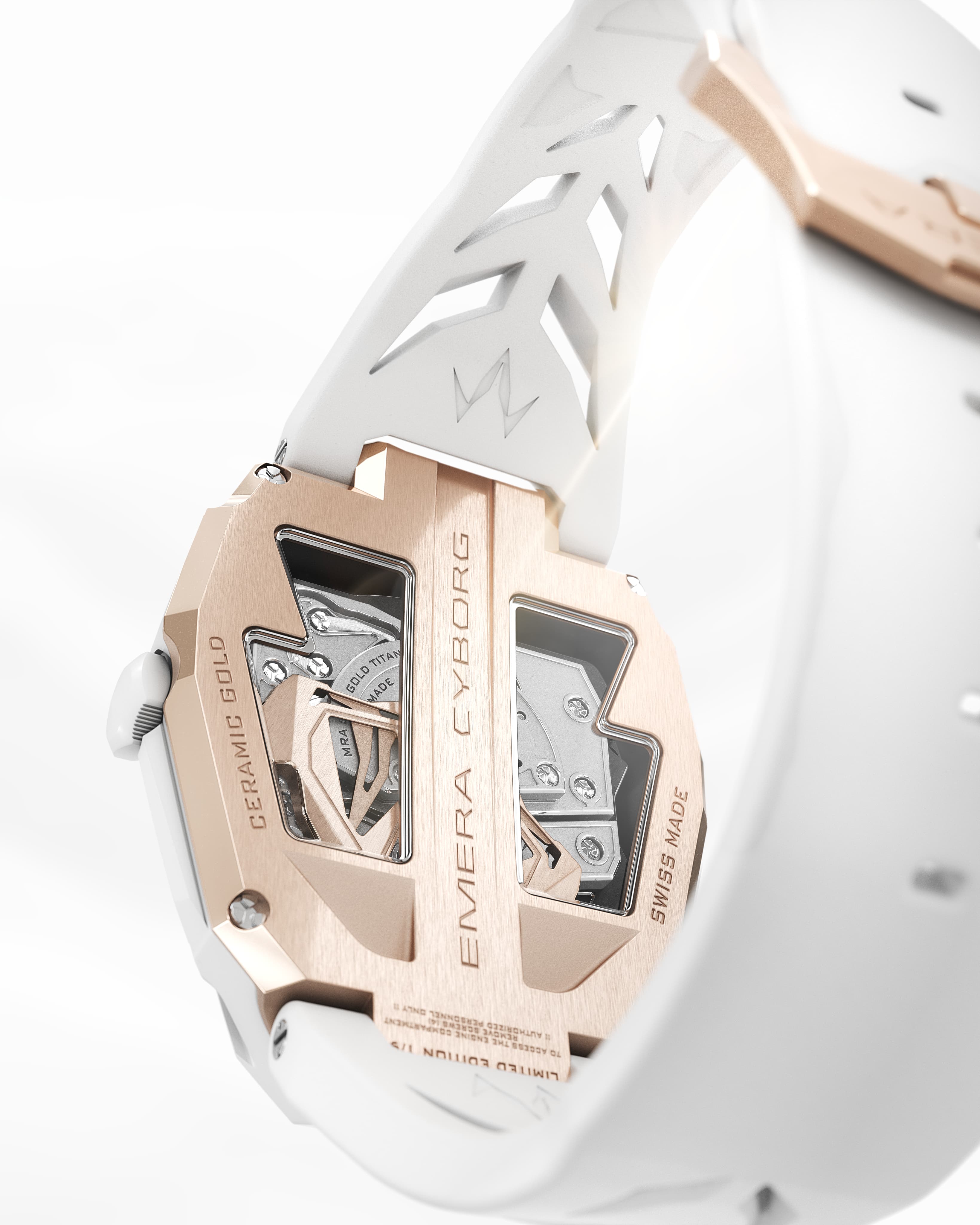 EMERA Cyborg CY 06-1 back view — ceramic and gold case with rubber bracelet